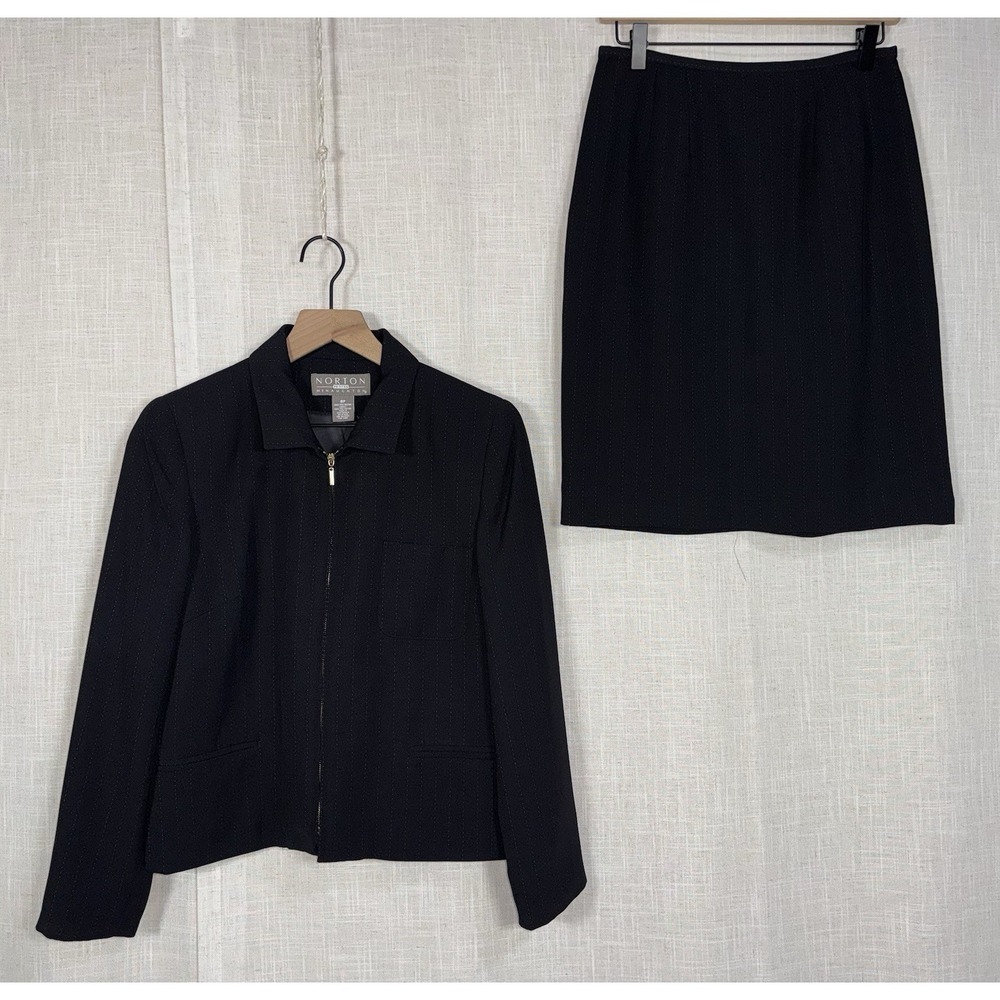 NORTON‎ MCNAUGHTON Black Pinstripe Women's 8 8P Petite Skirt Blazer Suit Set